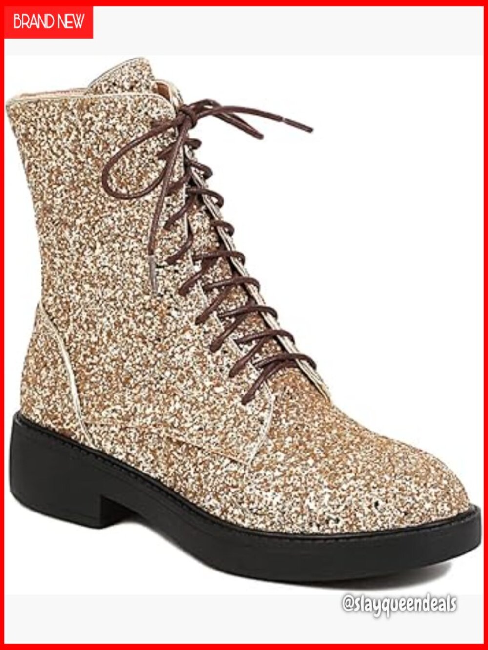Women's Lace Up Sequin Combat Boots Chunky Low Heel Side Zipper Ankle Booties